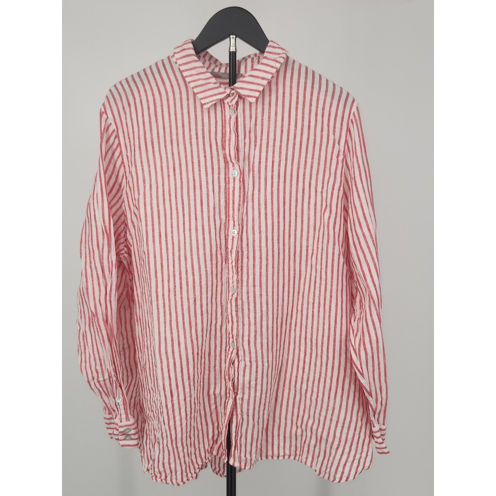 HM+ Womens Red White Striped 100% Linen Button Down Shirt Long Sleeve Plus Size